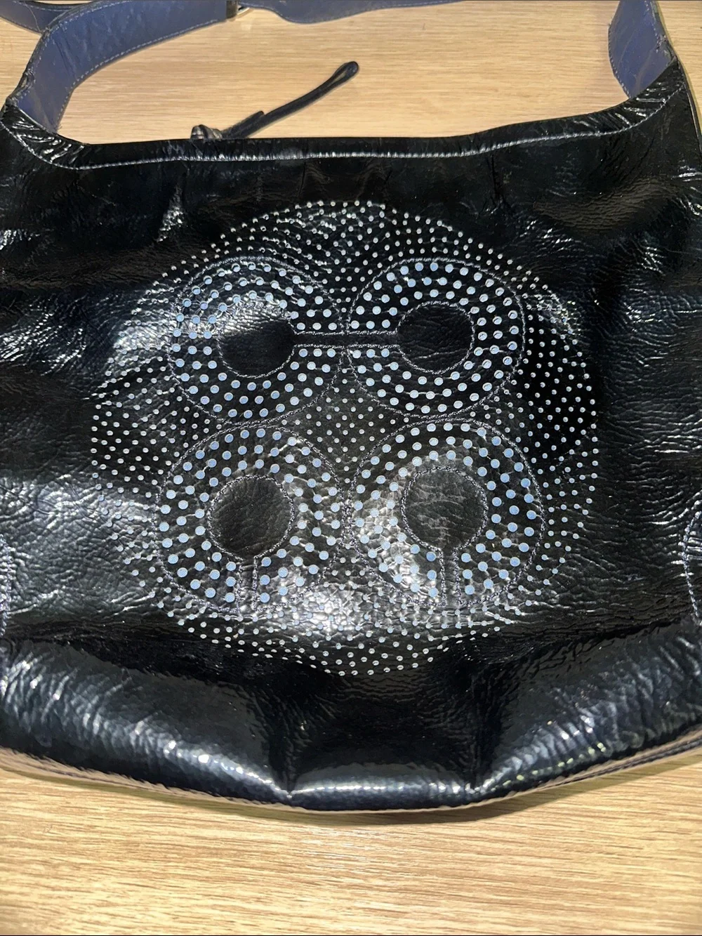 Rare Coach Audrey Blue Perforated Embossed Op Art Liquid Gloss Shoulder Bag